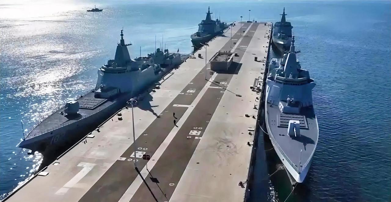 图片中集中亮相的是北海舰队前4艘055型万吨驱逐舰，101南昌舰、102拉萨舰、