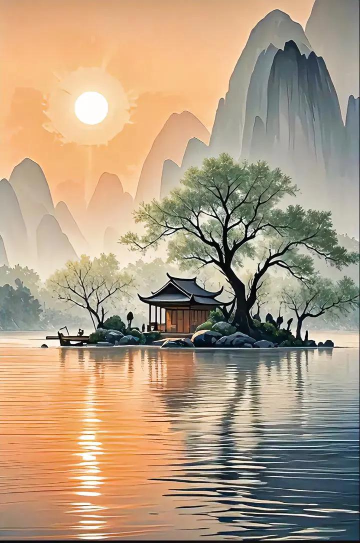 宁静湖畔，古风亭台，如诗如画。我曾在太湖边漫步，那景色简直令人陶醉。湖水清澈如