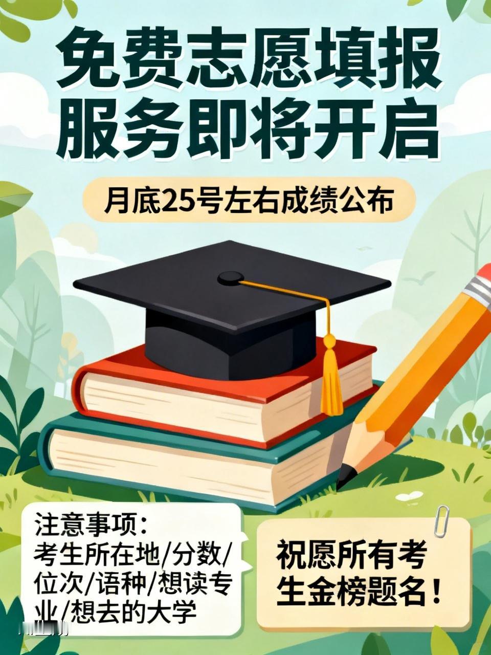一年一度的免费志愿填报服务即将开启。月底25号左右成绩公布，志愿填报也将随之启动
