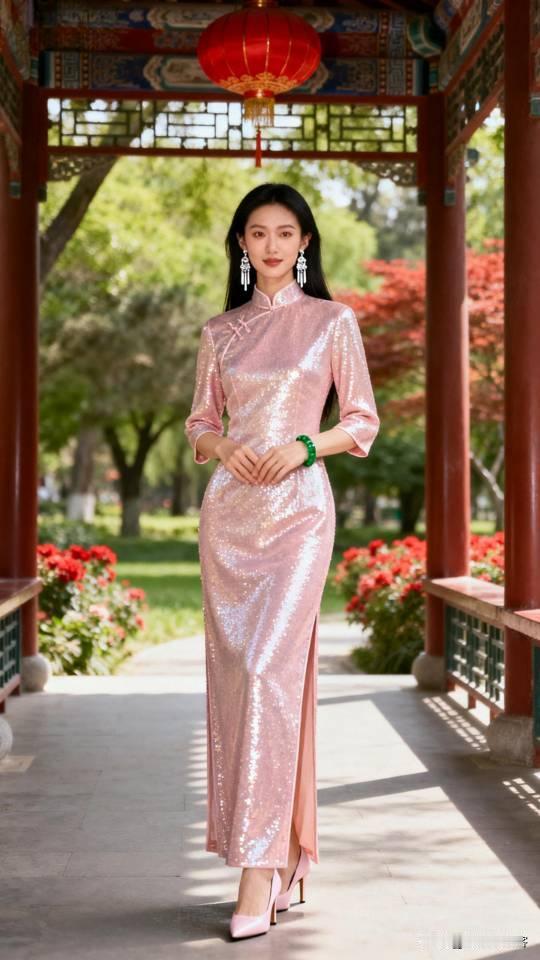 冬日生活打卡季粉红色旗袍美女在公园凉亭里写真。旗袍美女壁纸气质美女