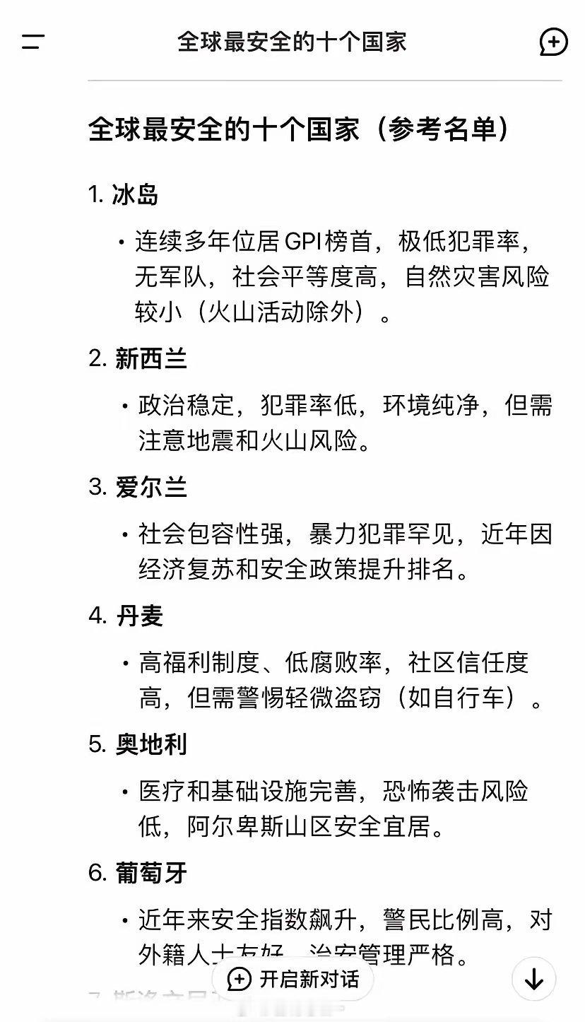 没有中国！Deepseek列举的世界上最安全的10个国家分别是：冰岛，丹麦，爱