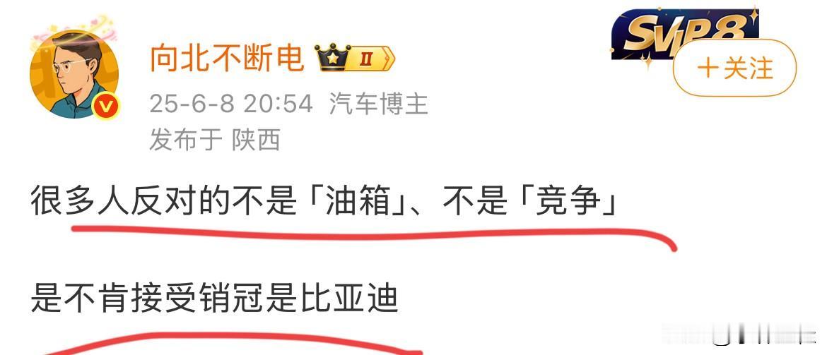 向北：“很多人反对的不是油箱，不是竞争，而是不肯接受销冠是比亚迪！”向北这句话