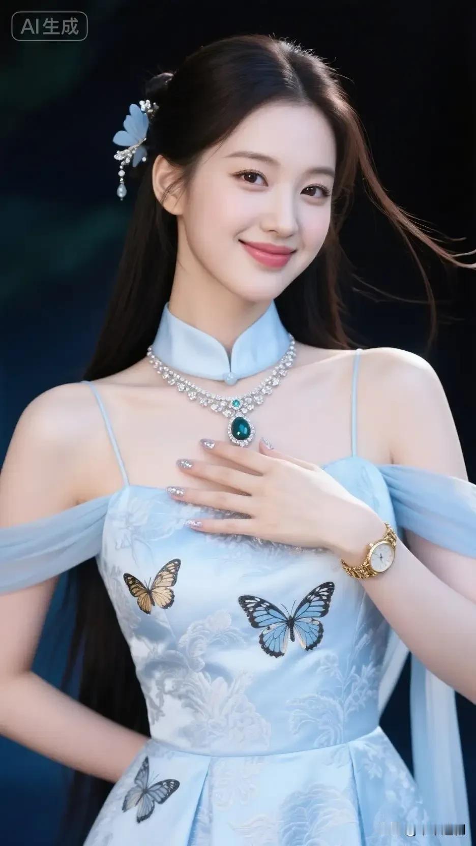 冰蓝旗袍裙揉着国风韵，蝶纹绣着灵动，翠宝颈链衬出清雅又矜贵的美颜色鲜艳的旗