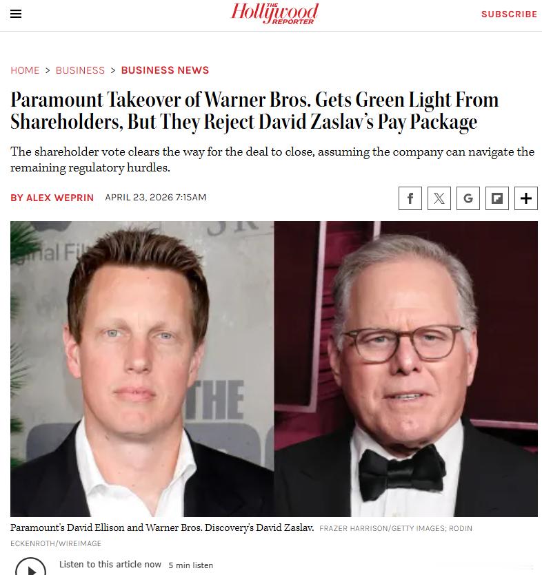 我要被这个新闻笑死了派拉蒙收购华纳兄弟的交易一事已经获得股东投票批准，但华纳股东