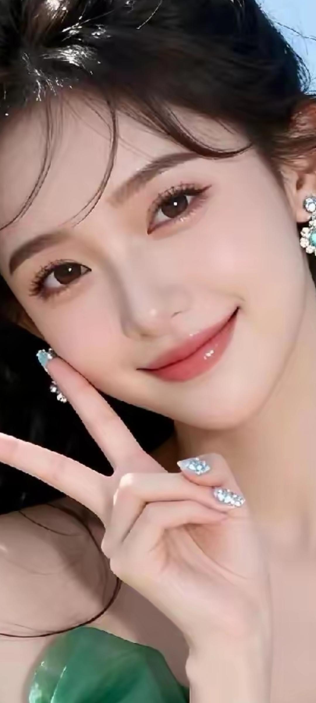 甜美微笑，比心自拍，闪耀耳环，清新妆容，绿色连衣裙，阳光明媚的一天。