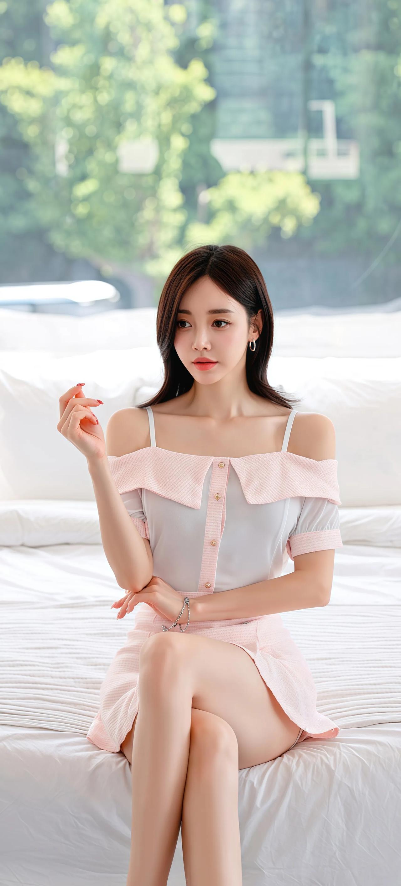 少女心满满，粉色连衣裙，坐在窗边，阳光洒满全身