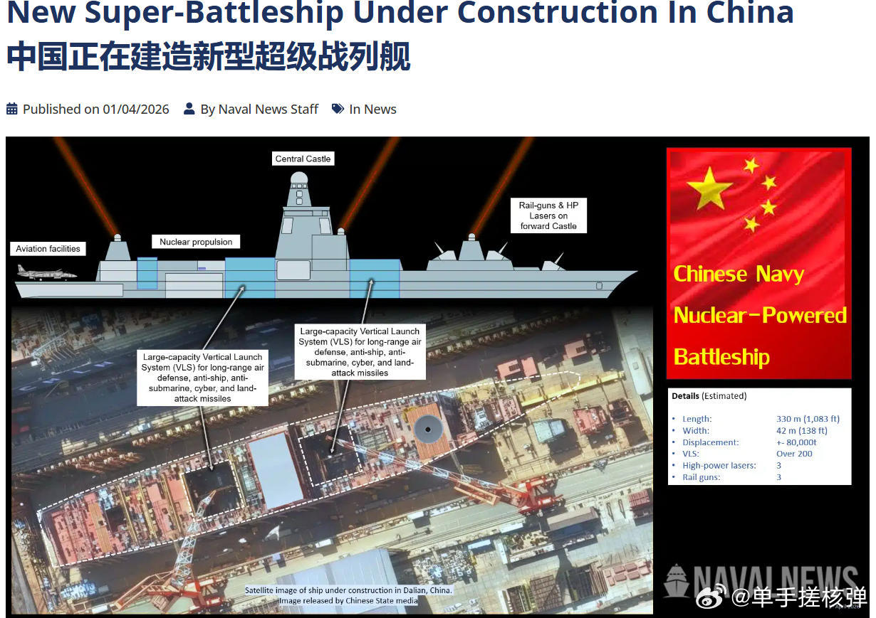 NavalNews网站4月1日报道称，东大正在建造8万吨的核动力巡洋舰，配备超