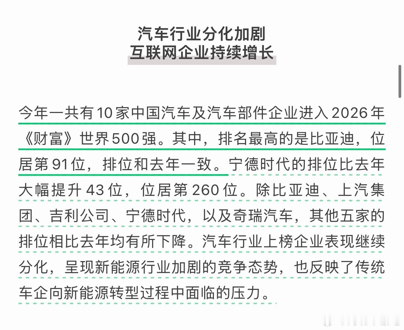 今年的《财富》世界五百强中，中国汽车及零部件有10家企业上榜。其中比亚迪排名