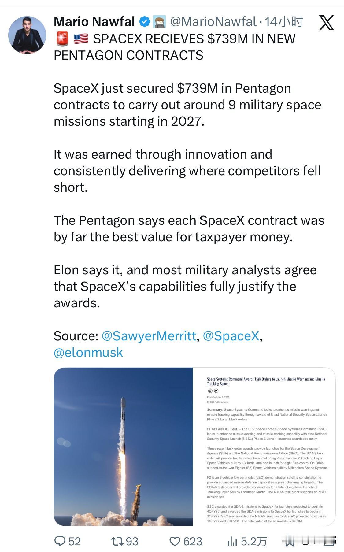 马斯克旗下的SpaceX获得五角大楼7.39亿美元新合同SpaceX刚刚获