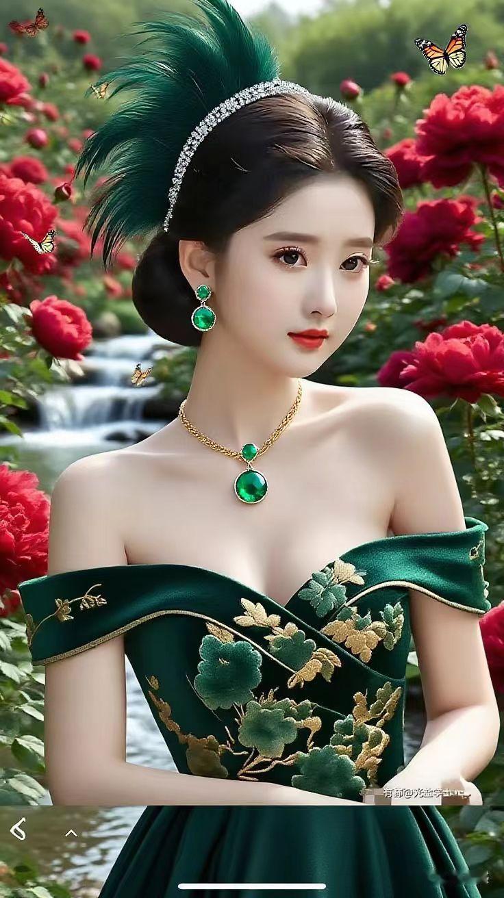 绿意盎然的玫瑰园里，她如童话公主般优雅绽放。翡翠配饰流光，与翩跹蝶舞相映，每一缕
