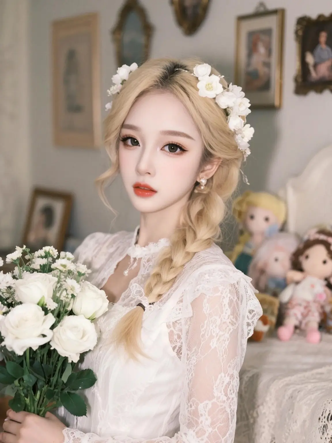 纯欲感鲜花造型 女生复古油画写真 复古油画妆造 甜美的洋娃娃 法式油画少女