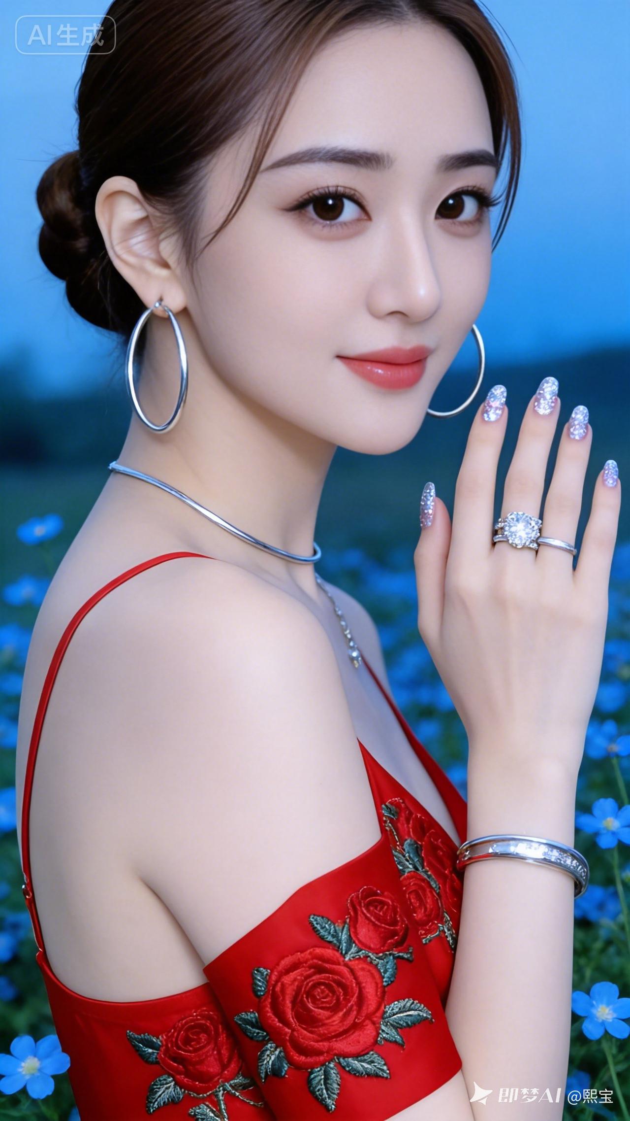 十八岁少女棕发简约盘起，冷白陶瓷嫩肌，红吊带缀玫瑰刺绣。全套银色首饰搭配亮闪美甲