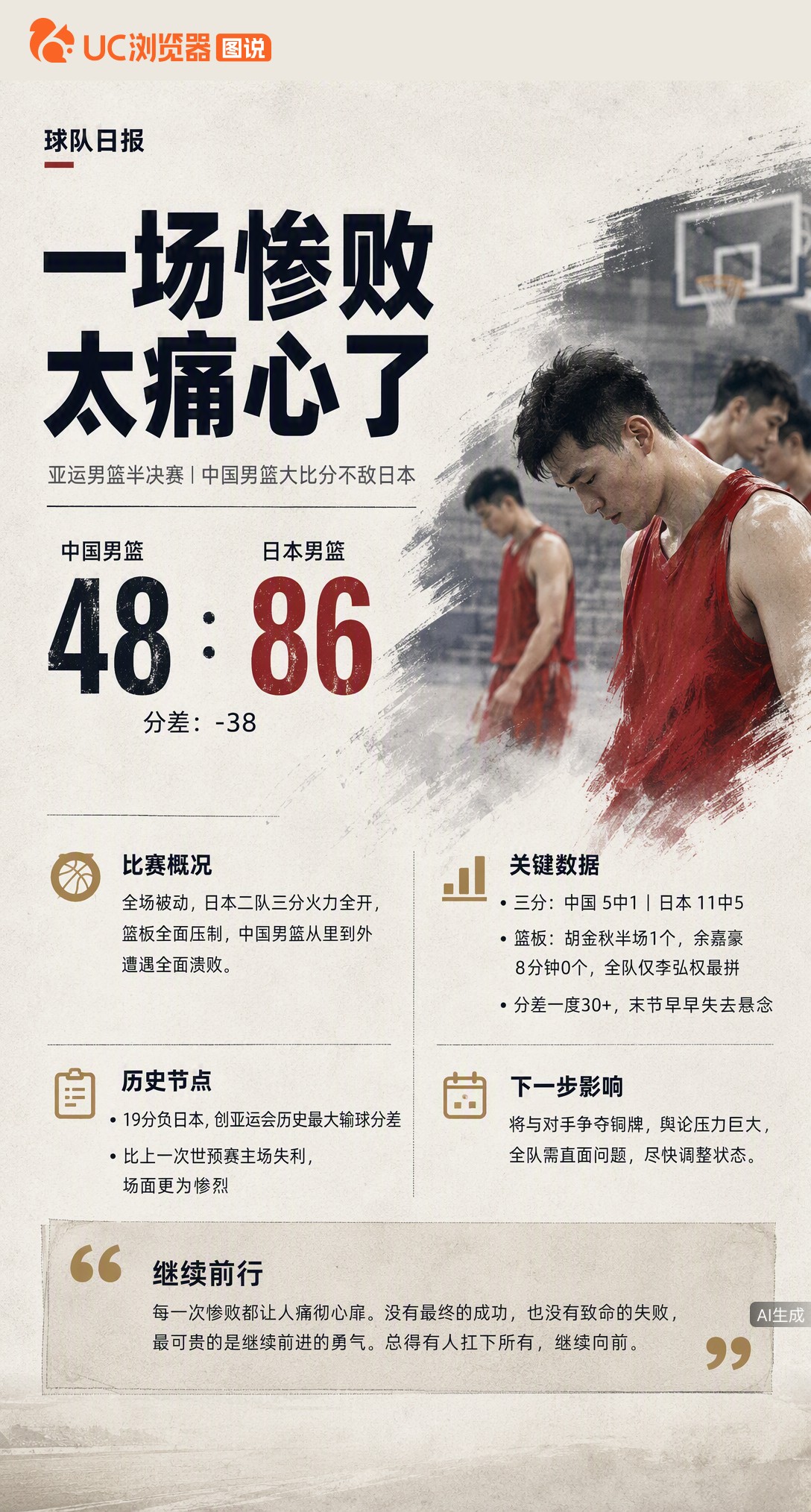 一二队混合阵容输给日本二队19分，创亚运最大输球分差。篮板被爆、后卫停球，高度优势荡然无存，这场溃败