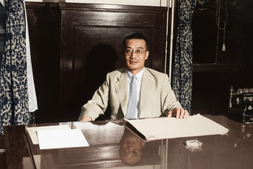 这张照片是梅汝璈在东京审判期间的办公室留影，记录了他作为远东国际军事法庭中国籍法