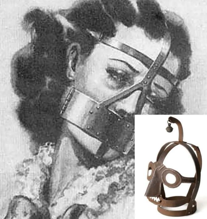 铁笼子将受刑者头上锁住，嘴里塞入一块金属片，骂人缰绳——也被称为“舌刹”——是历