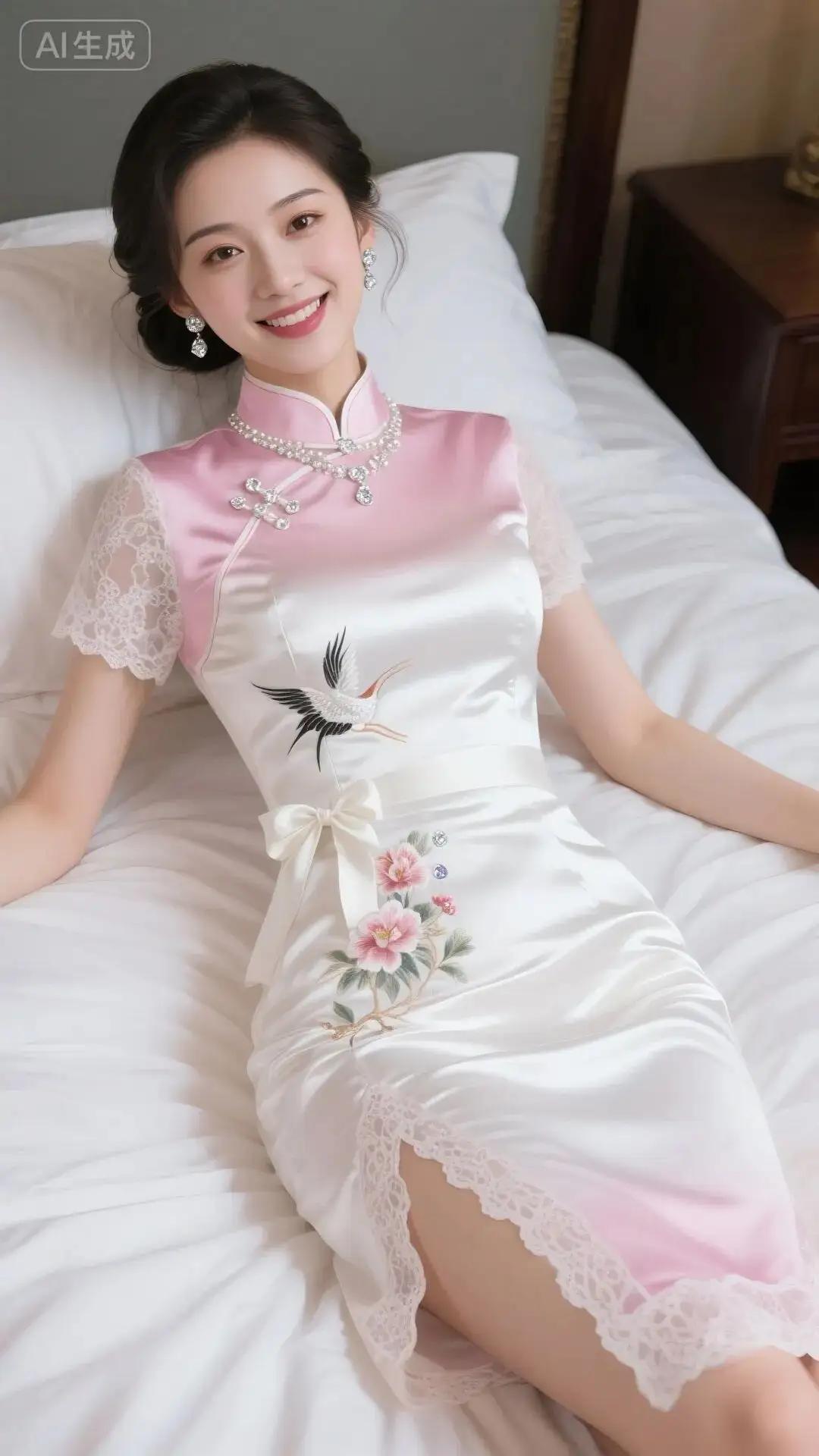 山坡羊·粉白旗袍佳人粉衣轻俏，鹤花娇绕，蕾丝柔袖风姿妙。卧衾瑶，笑眉撩。