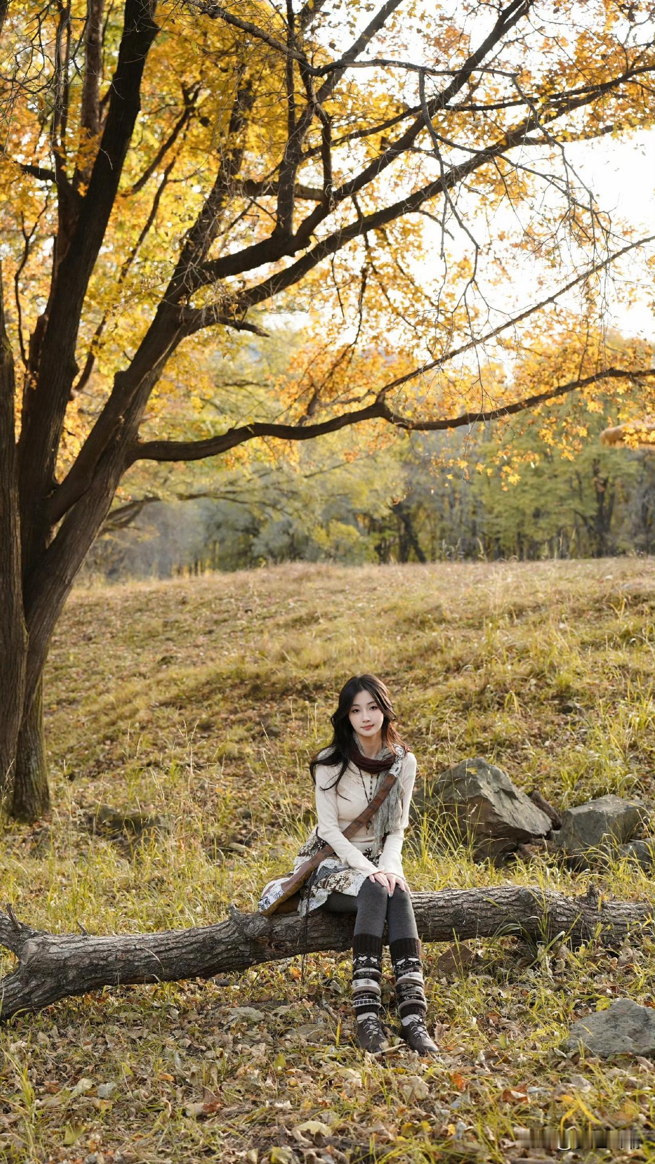 秋日暖阳下，少女静坐树旁，岁月静好。
