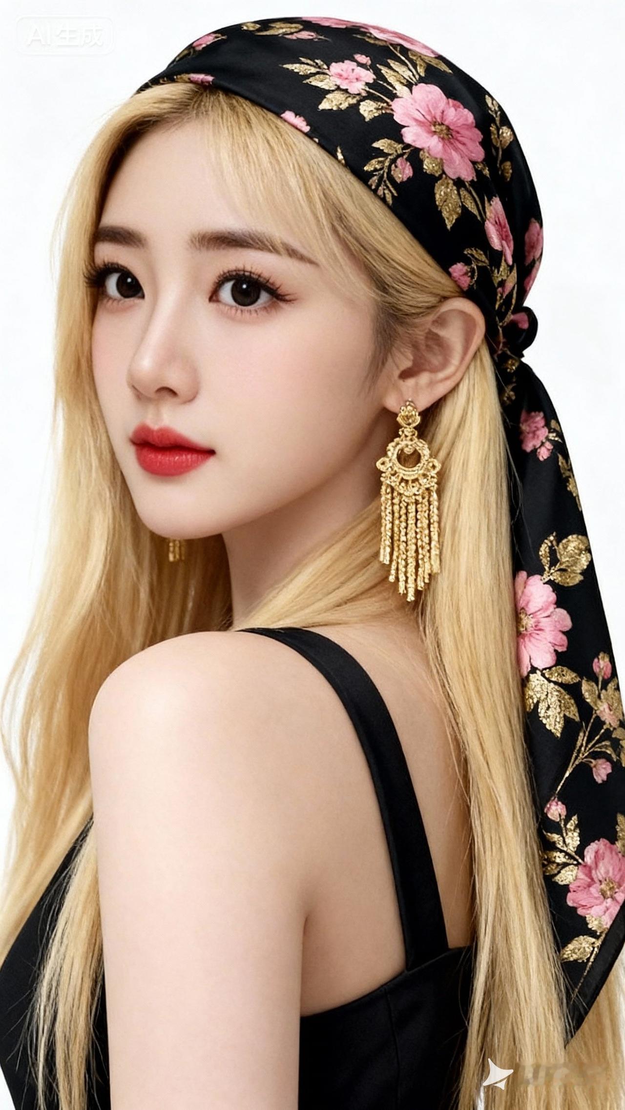 一位妆容精致的女性，金色长发披肩，佩戴华丽的金色流苏耳环。