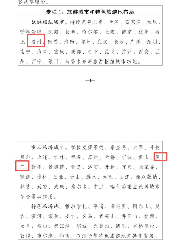 旅游强国建设“十五五”规划：福州定位为旅游枢纽城市，厦门为重点旅游城市。