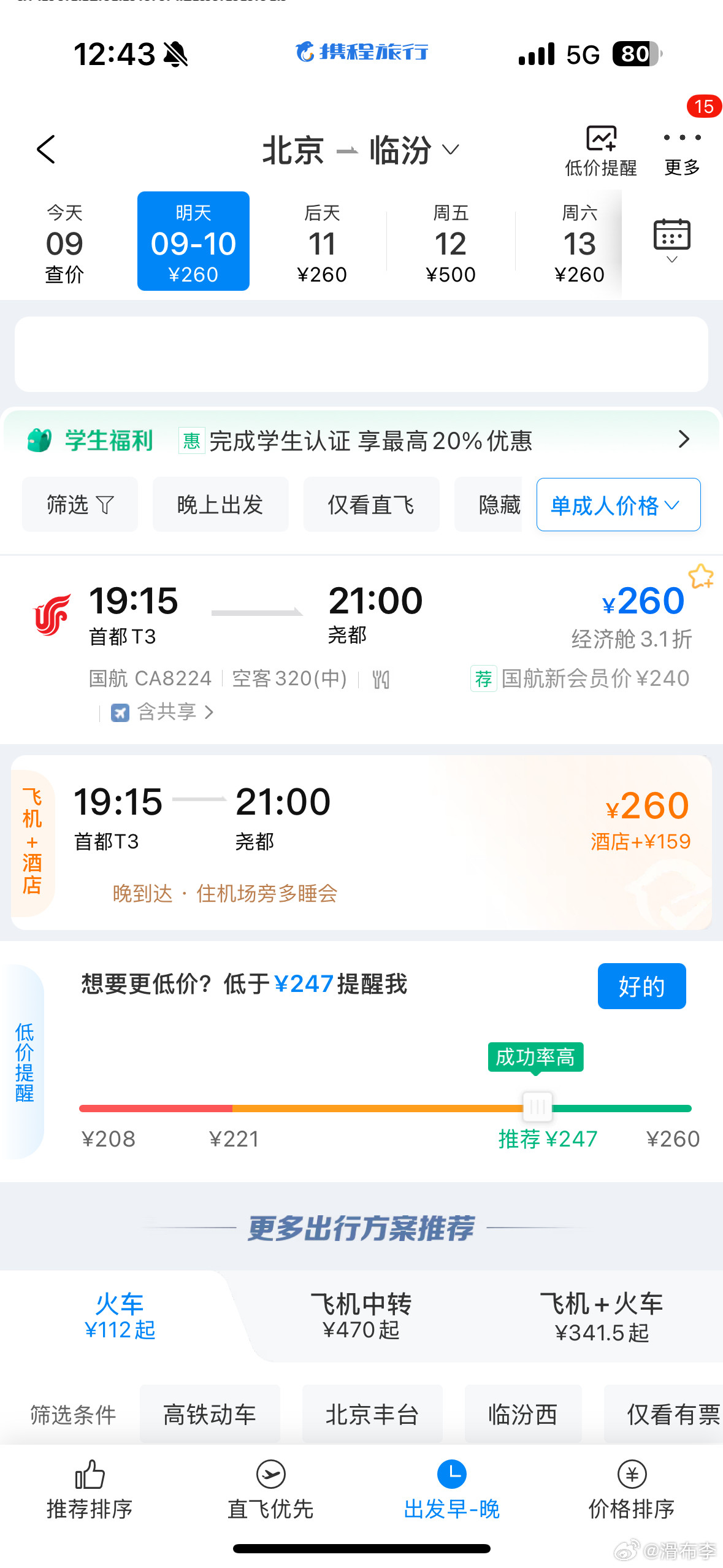 哇，北京到临汾，国航直飞才260，回程300！这来回机票比高铁还便宜，这完全可以
