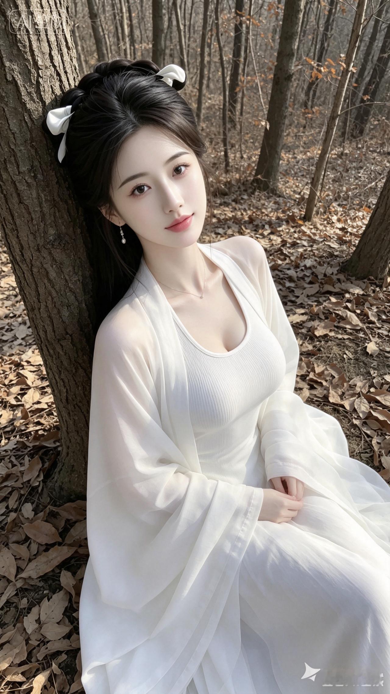 一位女子靠在树上，穿着白色长裙。