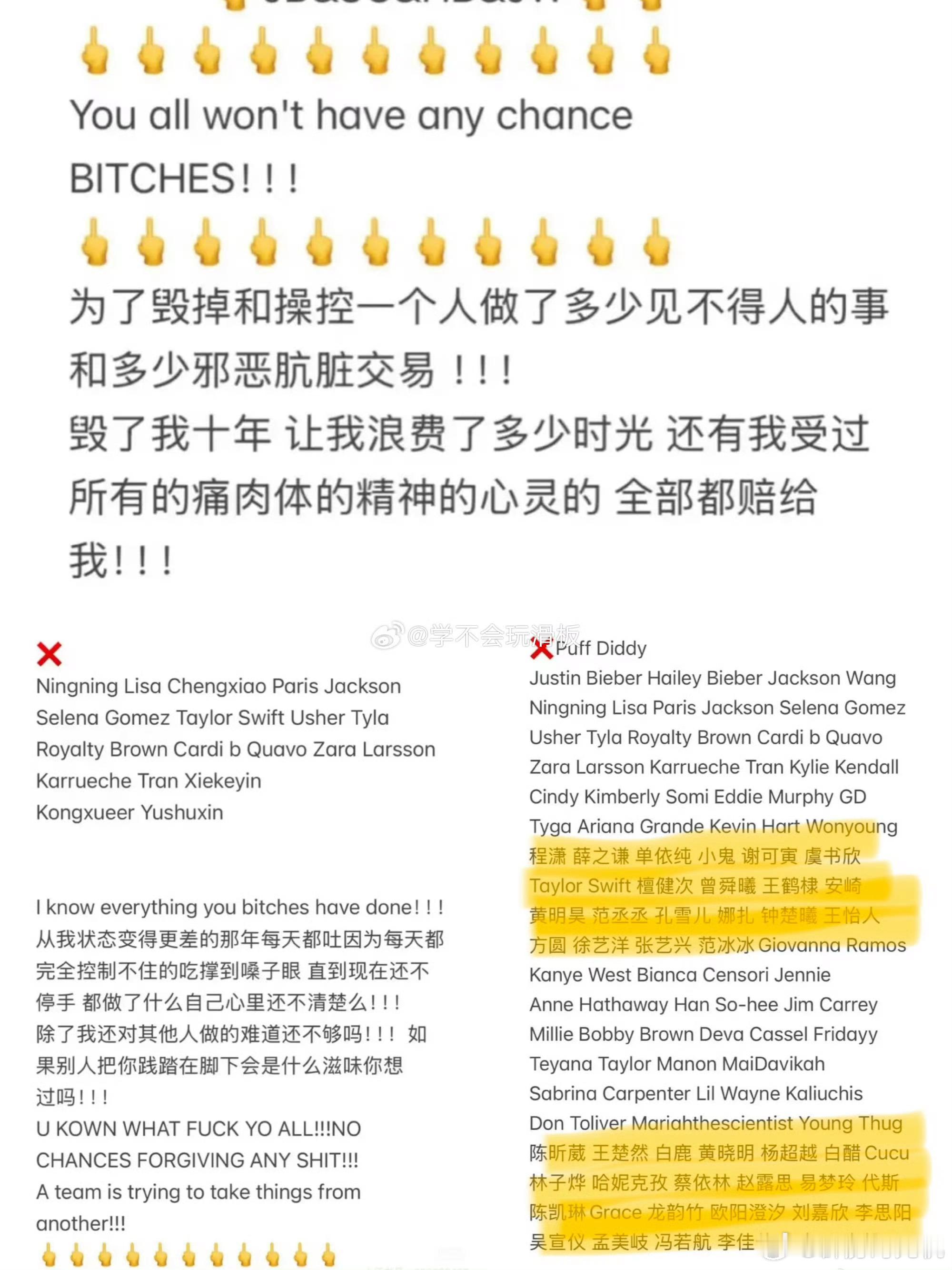 金子涵发了一篇文，文中带了很多很多艺人名字。但我感觉她应该是病了（没有要定义她的