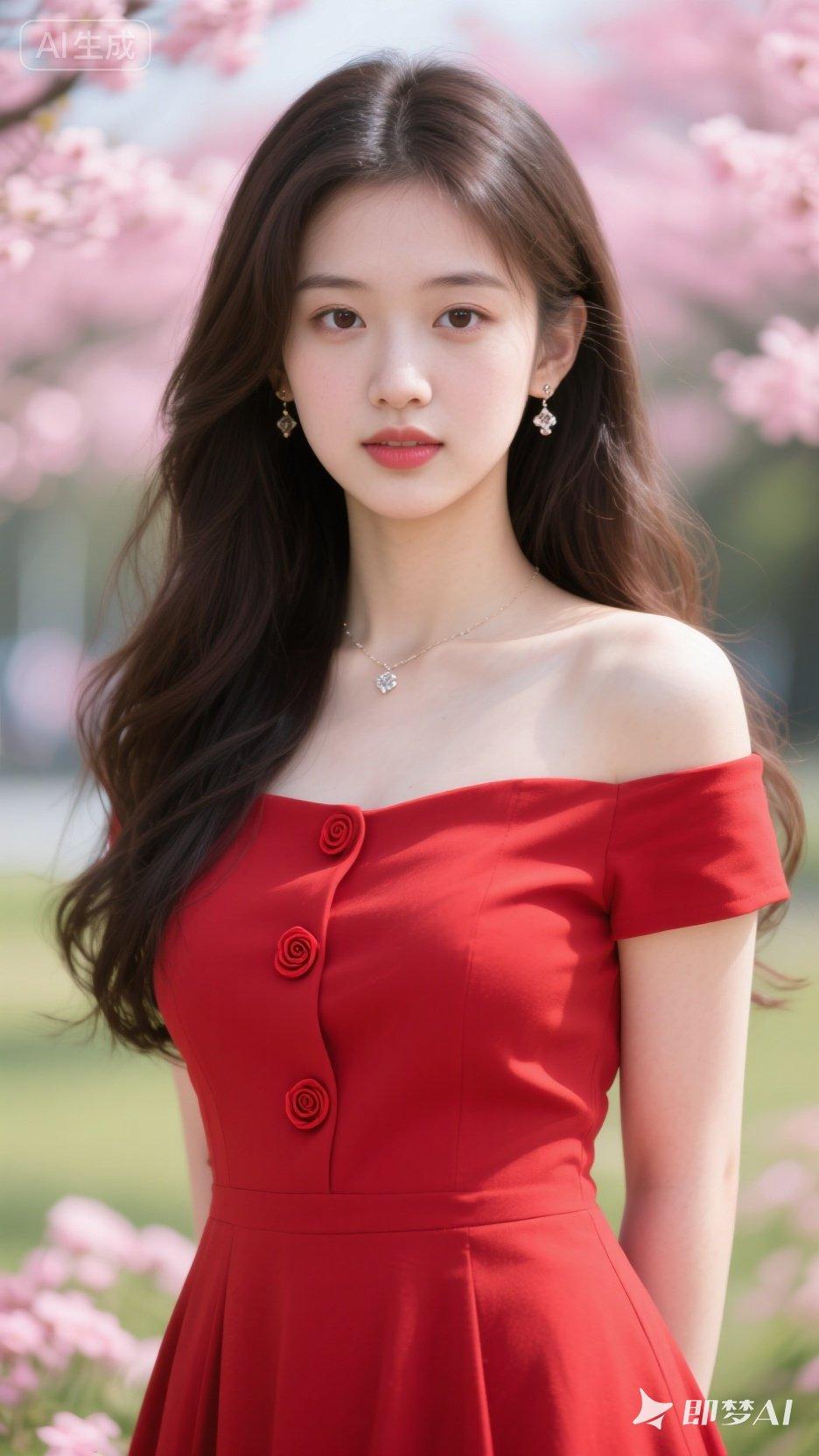 穿红色裙子的女生在花丛中拍照。