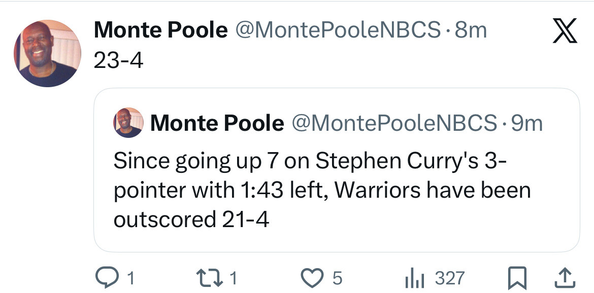 第四节还剩1:43秒时勇士领先7分，然后被打了一个23-4，匪夷所思