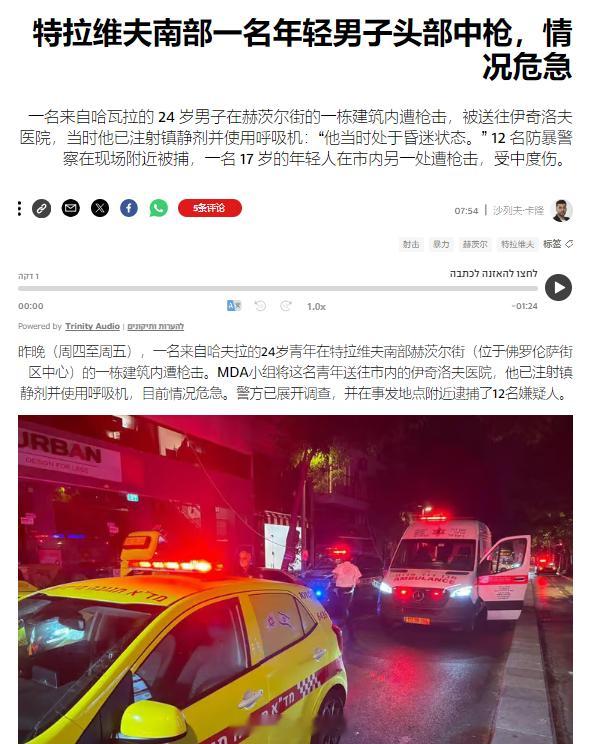 当地时间昨天晚上，一名以色列男子在首都特拉维夫南部被人开枪爆头，随后警方在附近逮