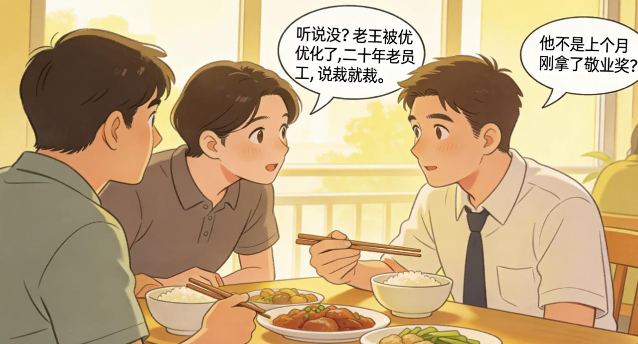 午休时，小周凑过来：“听说没？老王被优化了，二十年老员工，说裁就裁。”我一惊：