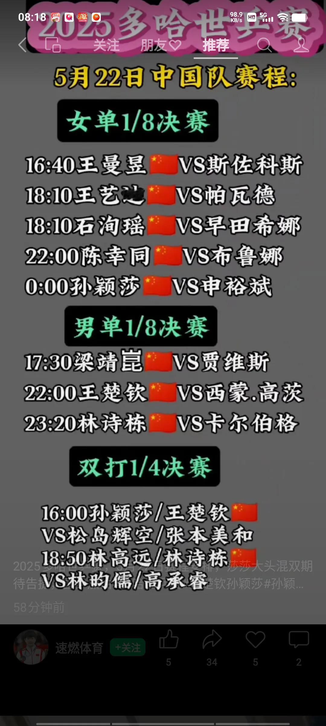 多哈世乒赛今天的赛程来了。重头戏是16点开始的混双四分之一决赛，孙颖莎、王楚钦对