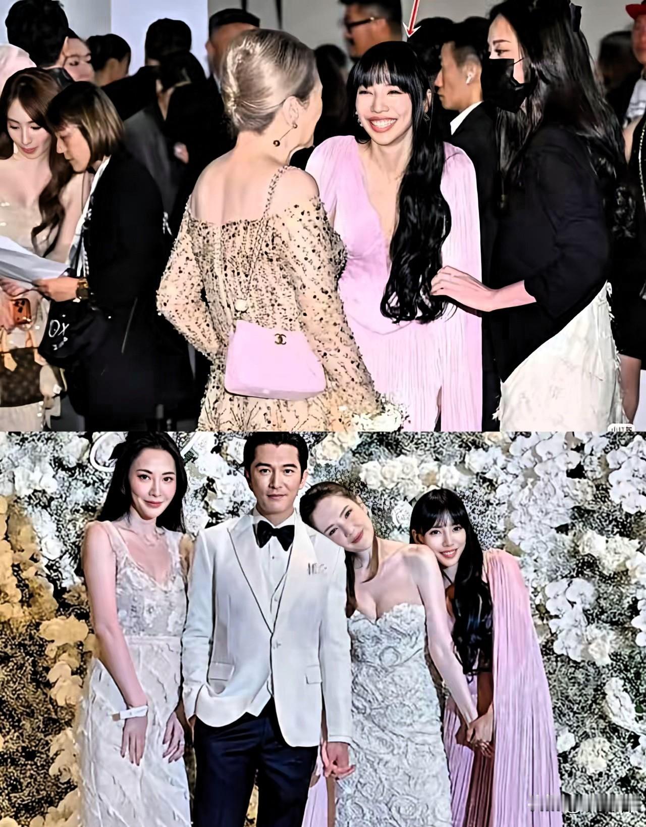 邱泽许玮甯的婚礼现场，李靓蕾一身深V粉裙成功抢镜，这操作真是让人看得目瞪口呆