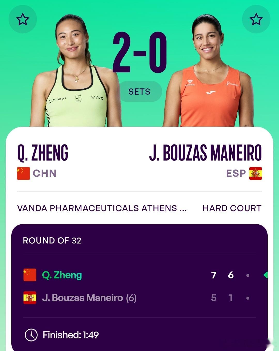 WTA250雅典站🇬🇷女单第1轮郑钦文🇨🇳7-5/6-1战胜6号种子马内