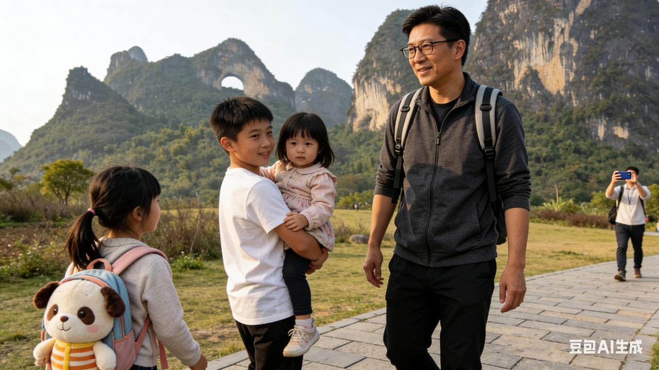 霍启刚带仨娃游广西崇左，11岁长子抱妹显担当，低调无保镖引网友点赞清明假期