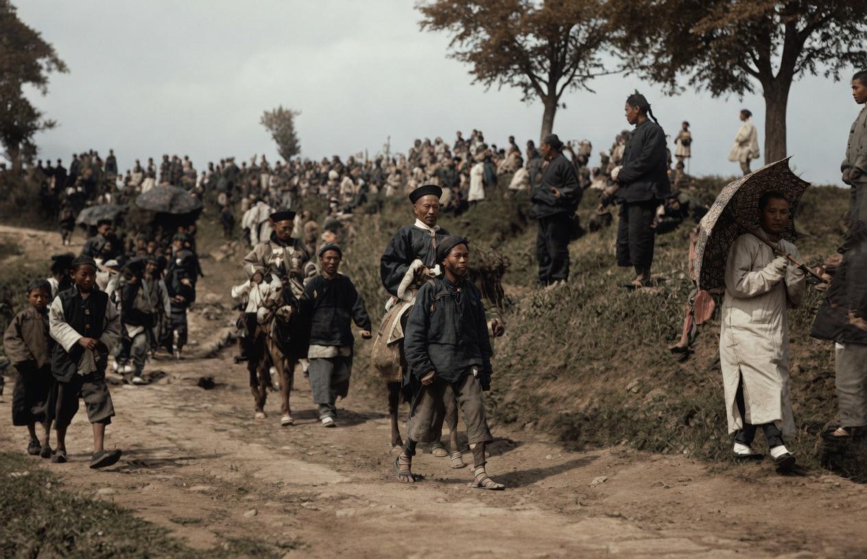 百年前清末县太爷下乡巡行的真实场面，终于在老照片里见到了全貌。整条山路被浩浩荡