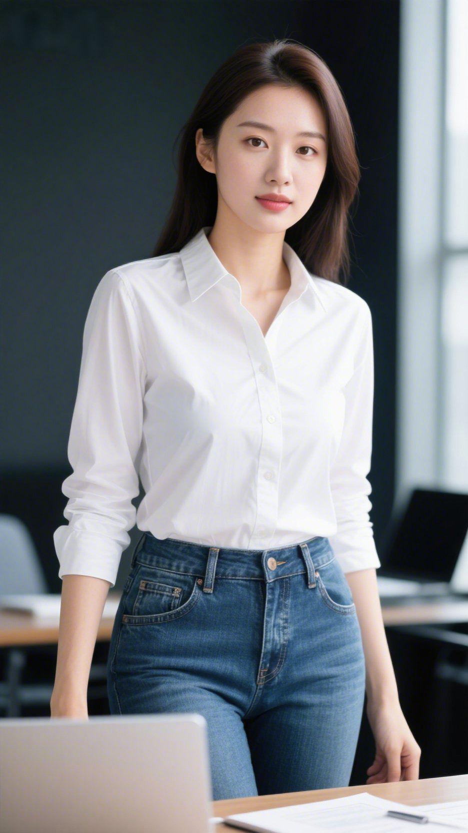 《办公间的清宁舒展》晨光漫过办公室的窗，她立在桌前，白衬衫裹着浅淡的从容，