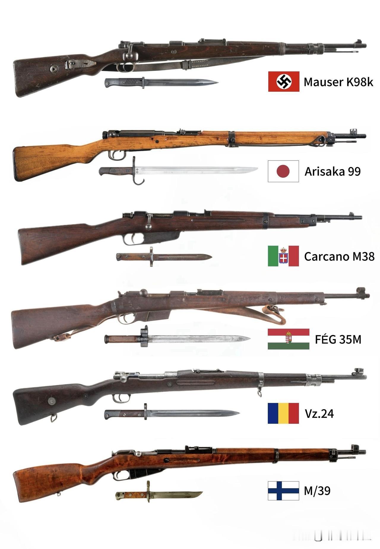 二战轴心国主力栓动步枪。德国毛瑟Kar98k是绝对的主力，经典的旋转后拉枪机结构