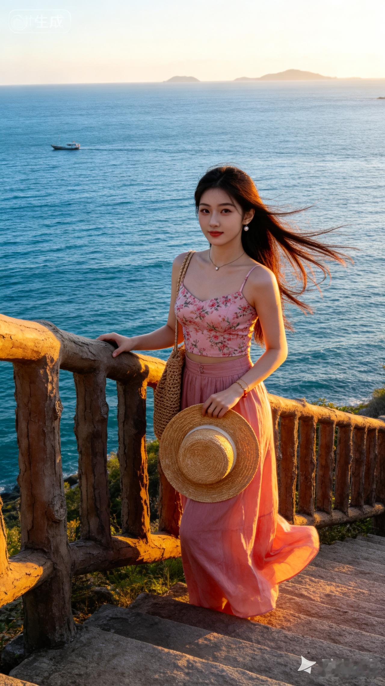 海边日落，温柔时光，少女与海风共舞