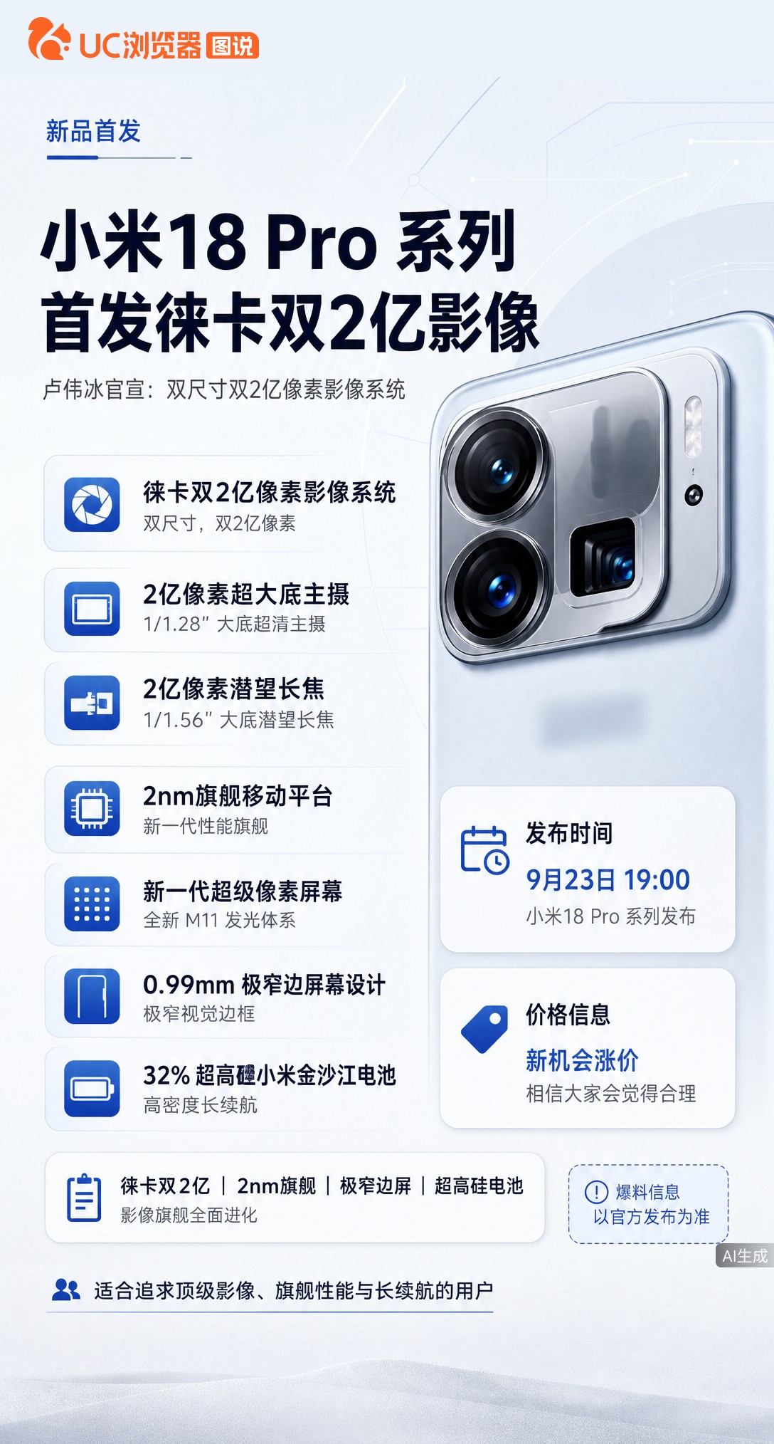 小米18Pro系列官宣首发徕卡双2亿像素，主摄加长焦都是超大底。卢伟冰提前打预防针说要涨价，但强调大