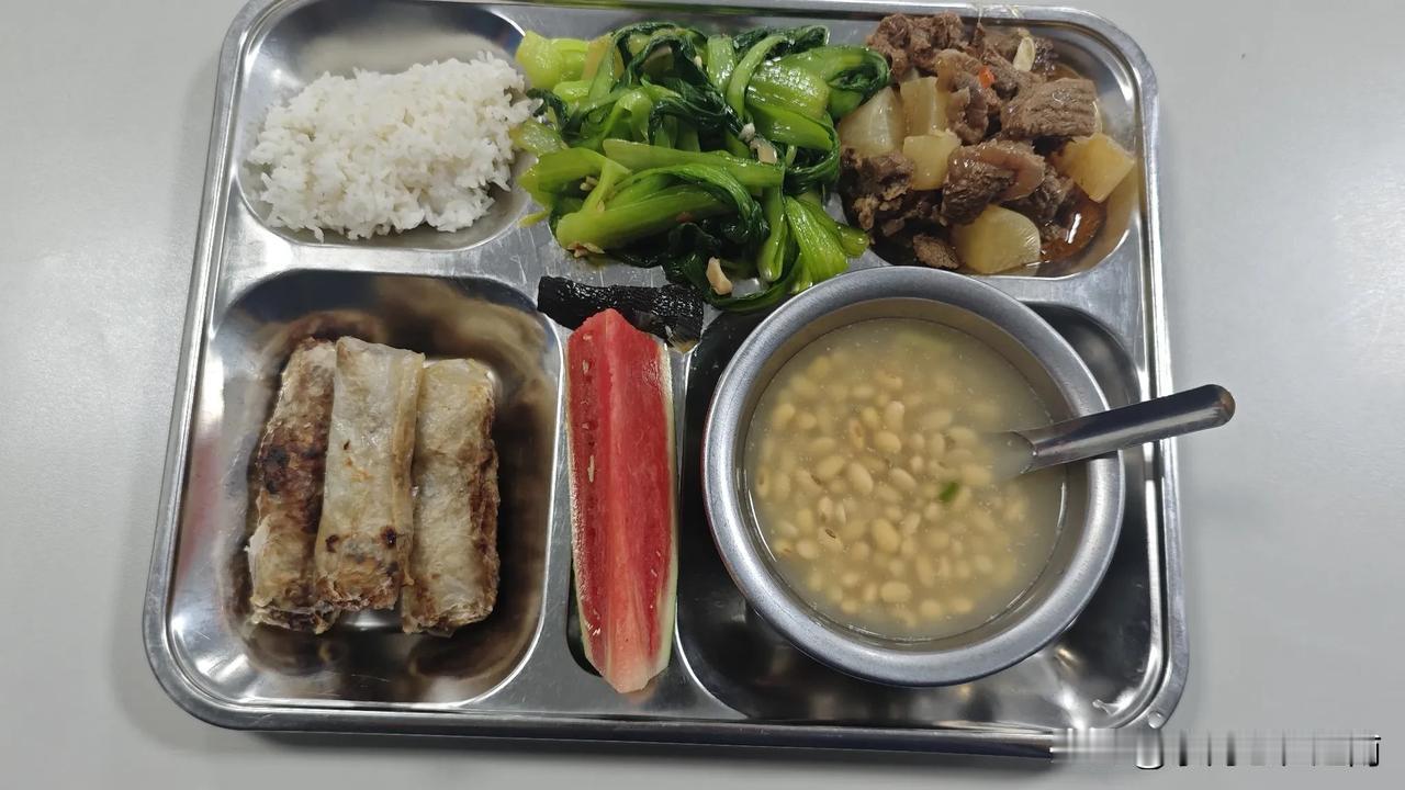这就是越南厂子的伙食!炒青菜一个，萝卜炖牛肉一个，越南春卷3个，西瓜一块，米饭