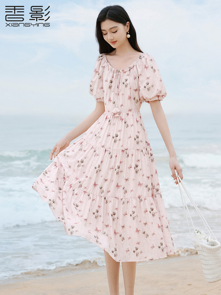香影度假风海边碎花粉色连衣裙女