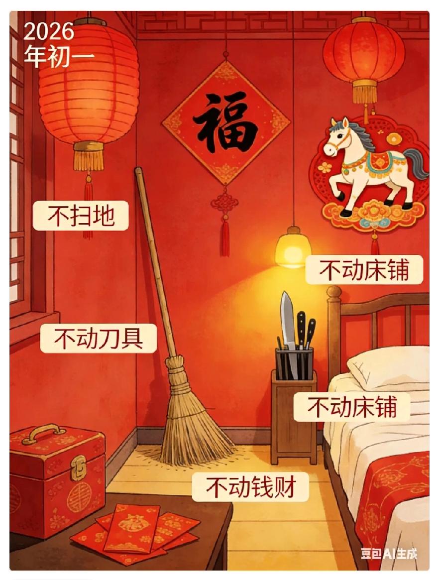 大年初一切记，四不动1.不扫地、不倒垃圾留到初二再清理，象征着把财