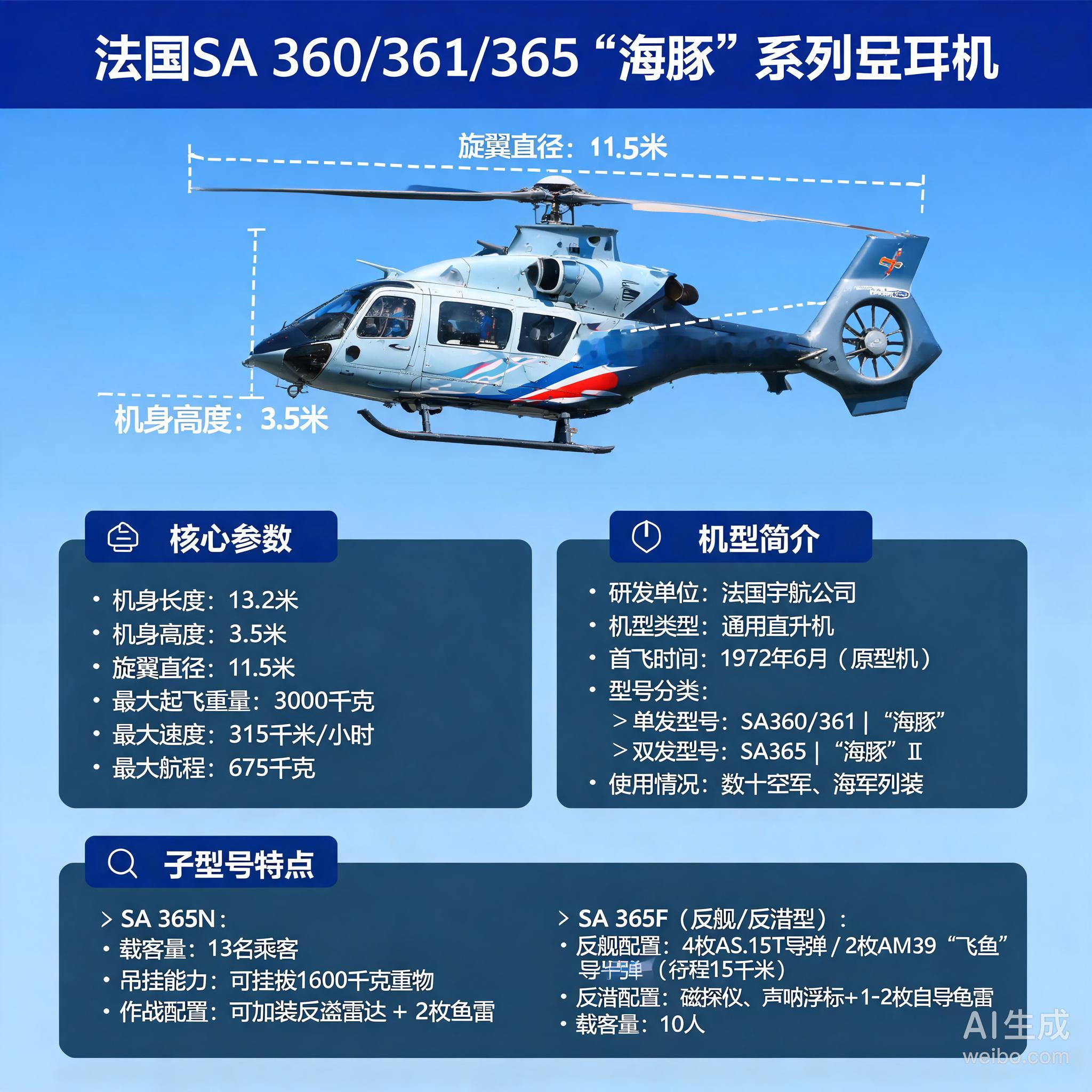 军事ai新视野法国SA360/361/365“海豚”直升机机身长度：13.2