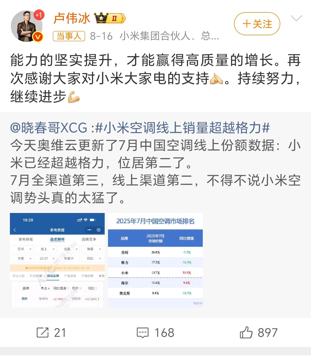 格力高管回应卢伟冰言论格力和小米高管又发生争论​​​