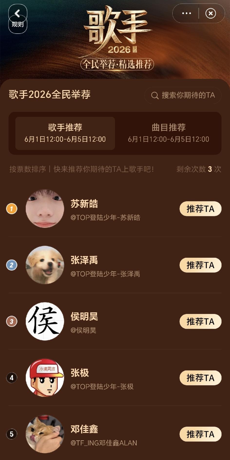 歌手2026全民举荐又开始了，前五名清一色的流量小鲜肉，歌手节目还是改名字吧，偶