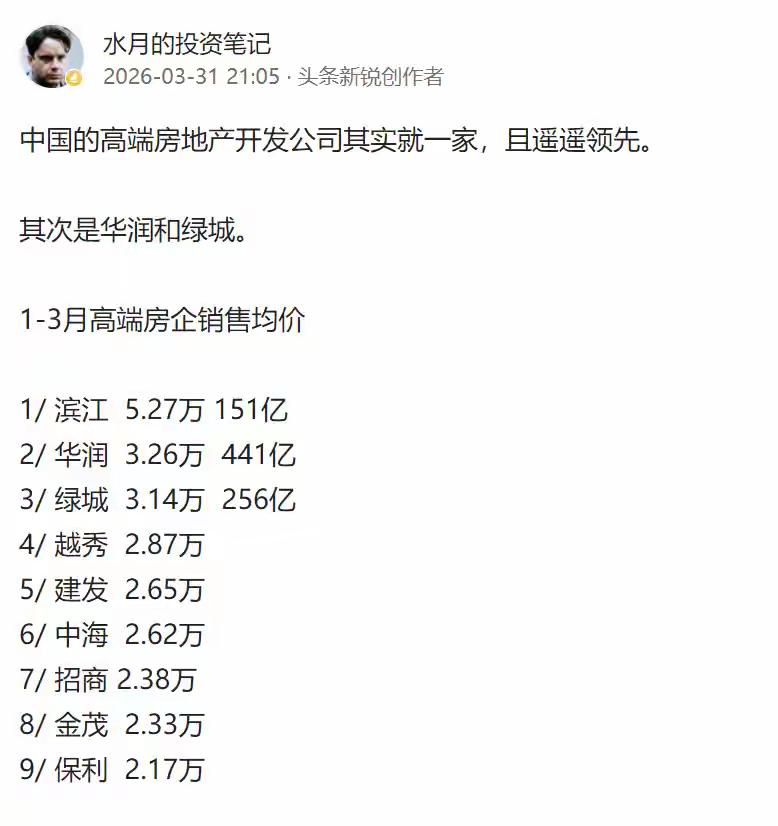 中国高端房地产开发商截止2026年就只有一家，而且还是民营房企。而且遥遥领先。作