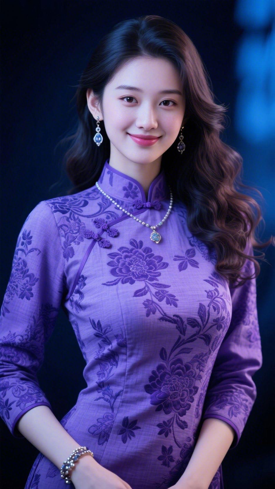 《紫旗袍的温婉韵》深暗背景里浸着柔蓝微光，落在那袭紫旗袍上时，暗纹牡丹似是