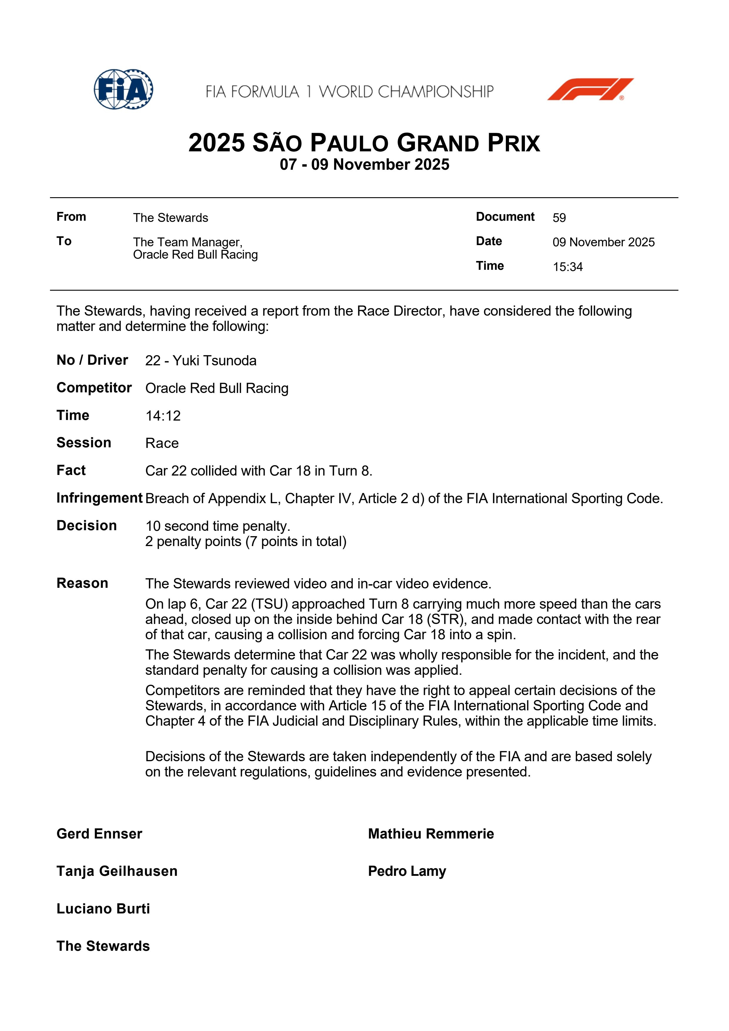角田在F1圣保罗大奖赛正赛中的两张罚单1.引发了与斯托尔之间的碰撞，被罚时10
