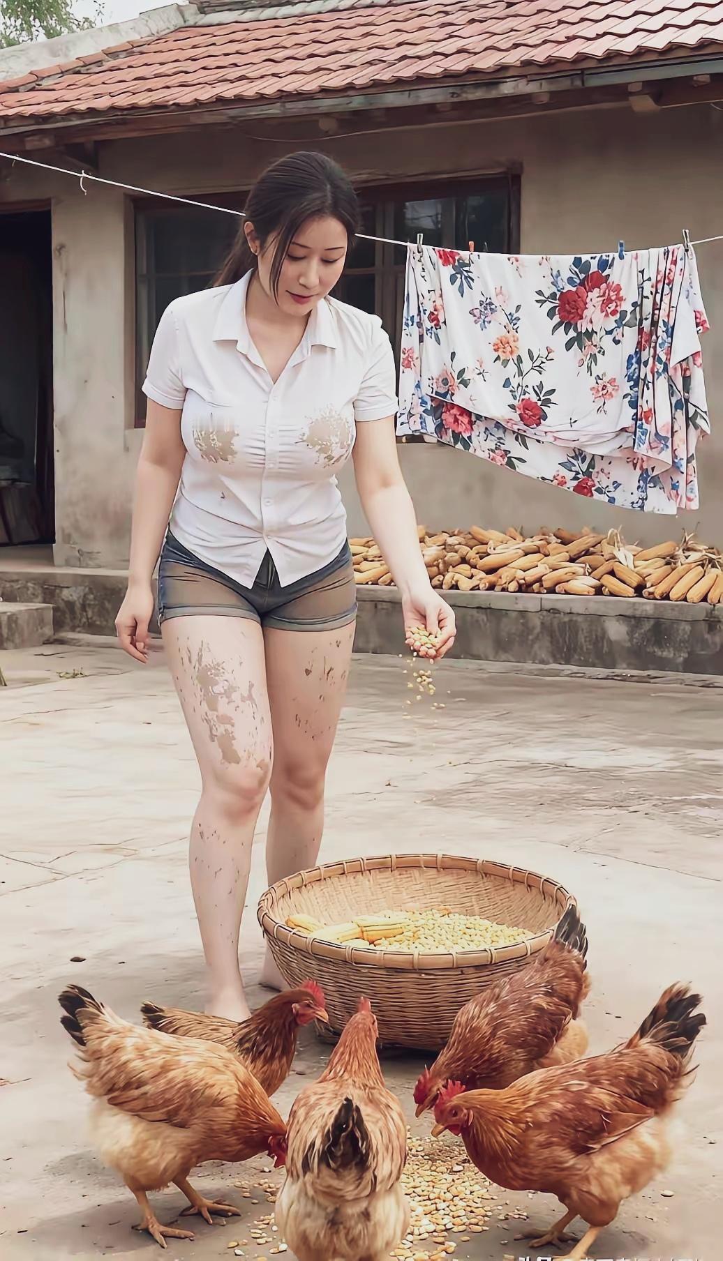 喂鸡的妹子，衣服脏了。那年，下岗了，只好独自一人，回老家种地养鸡…