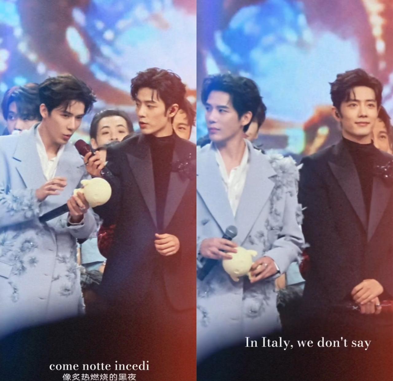 昨晚看到最狠的一个细节：肖战把自己的专属话筒，塞给了话筒失灵的队友。我仔细看了